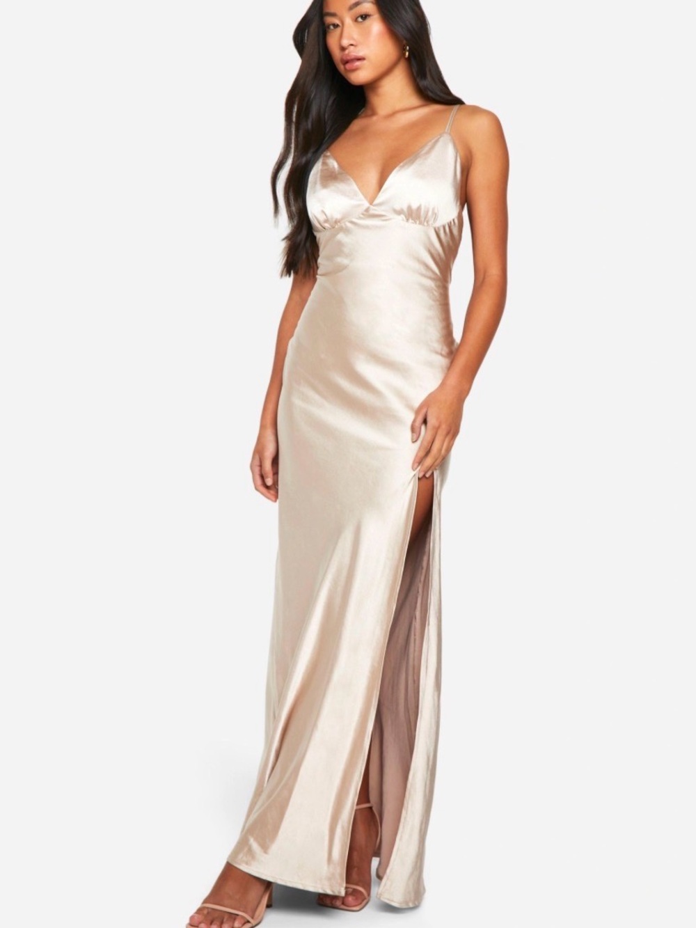 Boohoo Champagne Satin Slip Maxi Dress with Side Thigh Slit